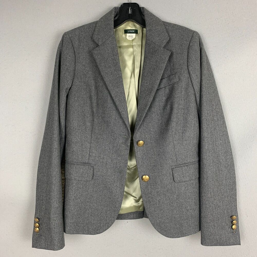 J.Crew 100% Wool Gray Blazer Size 4 Gold Buttons Classiccore Workwear Jacket